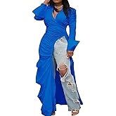 Choichic Women's Deep V Neck Ruched Long Sleeve Side Split High Low Irregular Hem Top Tunic Blouse Long Shirt Dress