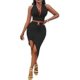 Women 2 Piece Outfits Dress Sexy Halter V Neck Crop Top and Bodycon Irregular Skirt Set Club Outwear Night Out Dresses