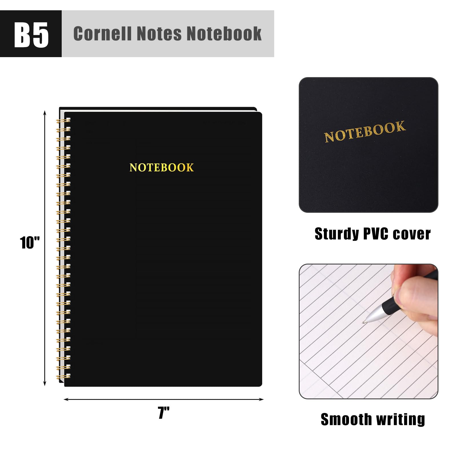HEYPLACE Cornell Notes Notebook, College Ruled Spiral Notebook B5 Hardcover Notebook for Note Taking Office School Black