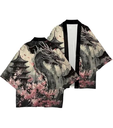 Cardigan Kimono Japonais Imprimé Dragon – Unisexe, Polyester – Taille XL à XXXL – Pour Plage, Festival, Cosplay, Streetwear