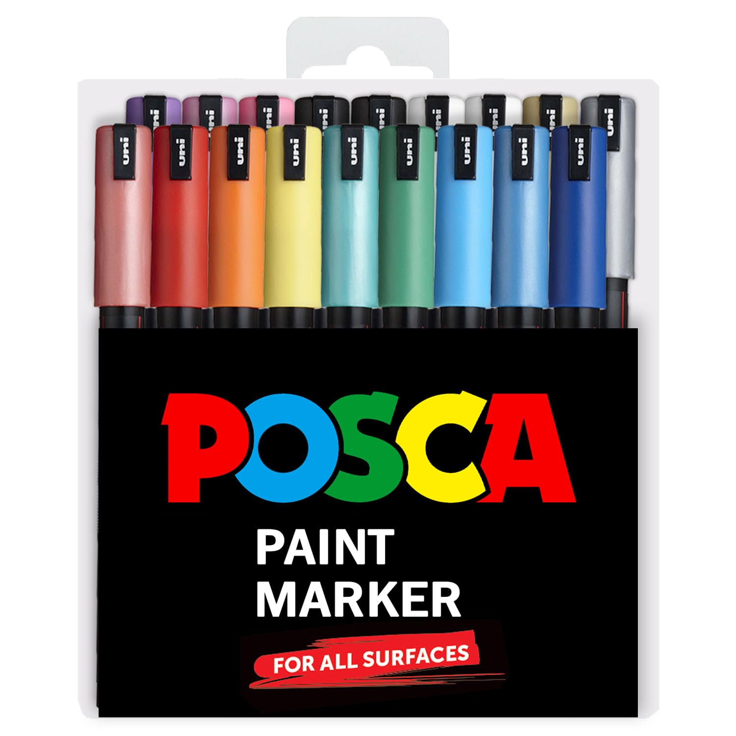 Posca Water Based Permanent Marker Paint Pen - PC-1MR 18 Pen Set – Limited Edition Plastic Wallet – Extra Black and White - Multi Surface Use