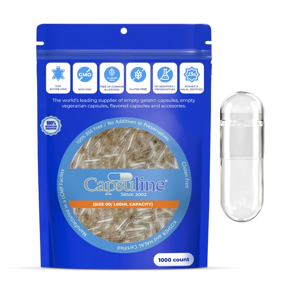 Gelatin Empty Capsules - Capsuline DIY Empty Capsules Size 00 with Unique Lock Technology - Kosher Certified Empty Pill Capsules - Pure Bovine Capsules Empty & Gluten Free - 1000 Count, Clear