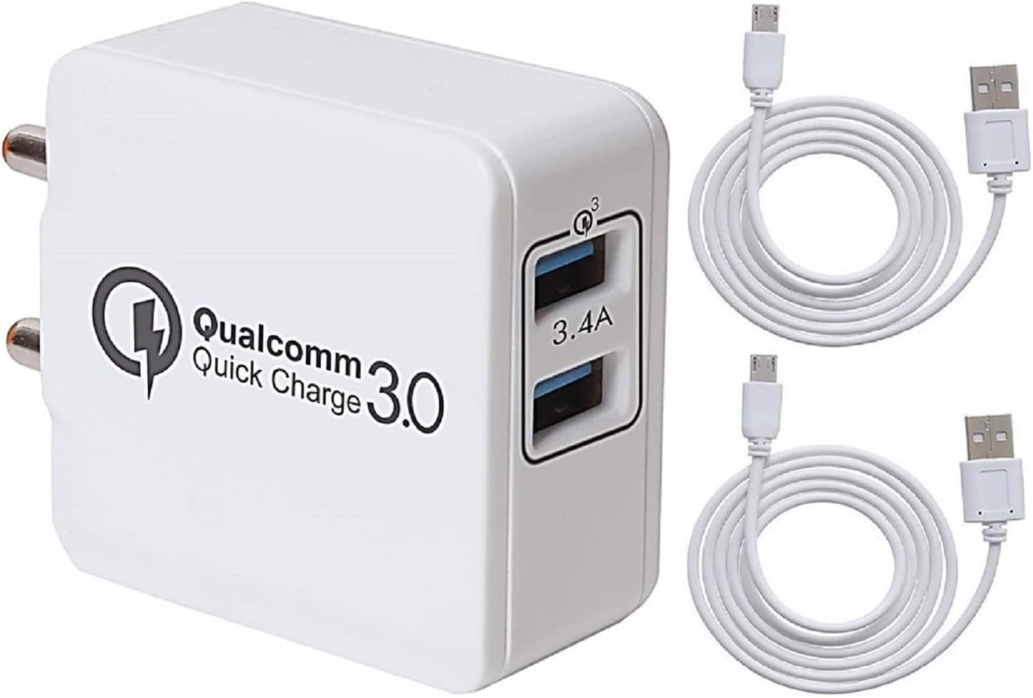 cableBasket Mobile Charger for Android Phones Fast 2.4A Dual USB for all Android and IOS Devices with 3 in 1 Cable of IOS, Type-C & Micro-USB Pins (White)