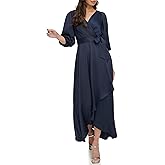 DKNY Womens Balloon Sleeve Satin Faux Wrap Maxi Dress