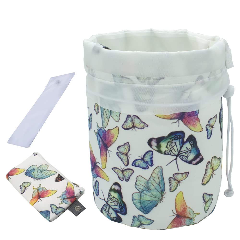 UYRIE Portable Makeup Toiletry Cosmetic Travel Organizer Bag, Large Drawstring Hanging Packing Bag for Women Girl Men, Lightweight Multifunctional Barrel Shaped Storage Bag (Butterfly Family)