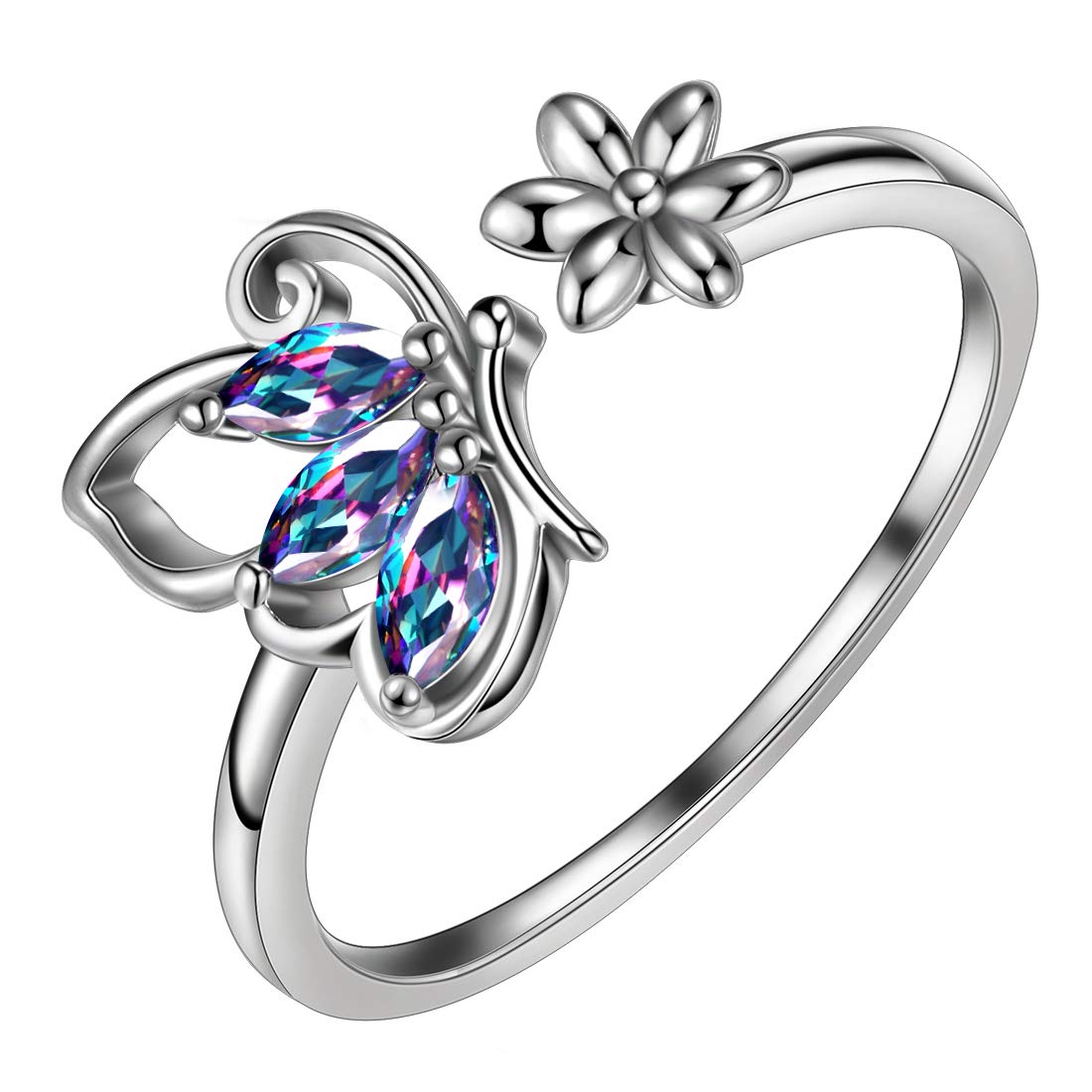 Aurora Tears Mystic Rainbow Topaz Butterfly Ring 925 Sterling Silver Opening Adjustable Rings Cubic Zirconia Gfits for Women and Girls DR0074M — image 1