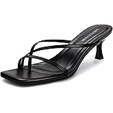LOOPCHARM Womens Strappy Kitten Heels Flip Flops Square Open Toe Sandals | Thong Style Slip On Low Heels For Dressy Party Wedding And Everyday Wear