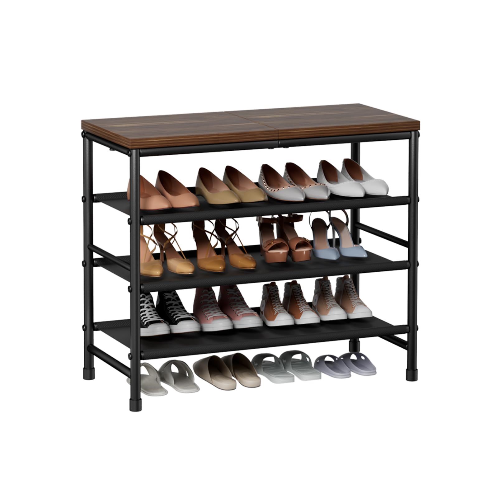 Photo 1 of Mavivegue 4-Tier Metal Shoe Rack, Shoe Storage Organizer with Non-Woven Fabrics Shelves and Wooden Top Board, Entryway Shoe Stand for Closet Bedroom Living Room Garage, Black & Rustic Brown