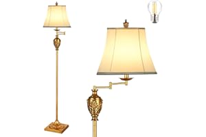 AIDENOEY Traditional LED Floor Lamp with 350° Adjustable – Vintage Pole lamp Swing arm for Living Room, Bedroom and Office – Rustic Upright Floor Light for Home Décor with Faux Silk Fabric Shade