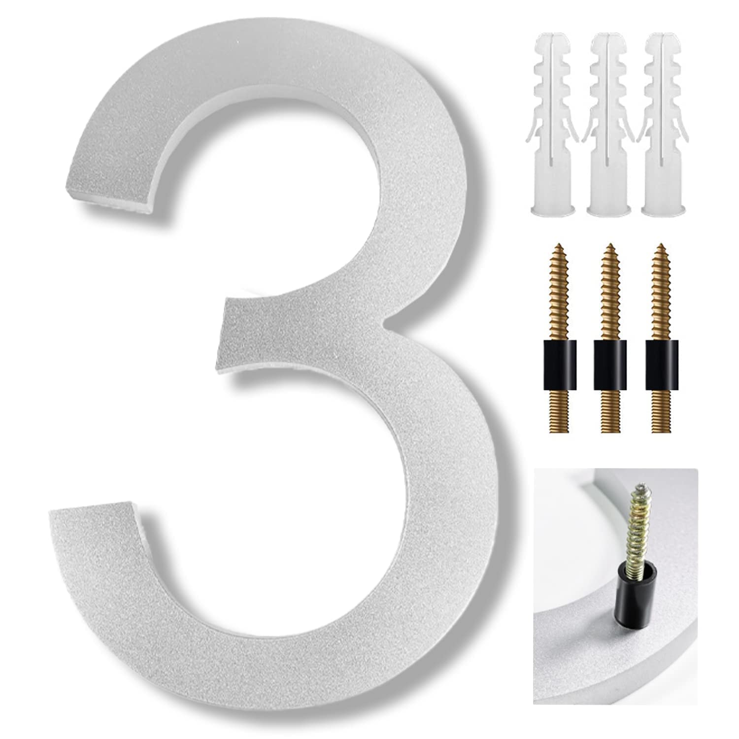 UoQo 8 Inch Large House Numbers Floating Sliver House Numbers Plaques Modern Door Numbers Plates Signs with Nail Kit for Outside Wall Address Garden Mailbox Dec, Strong Sliver Acrylic Material (3)