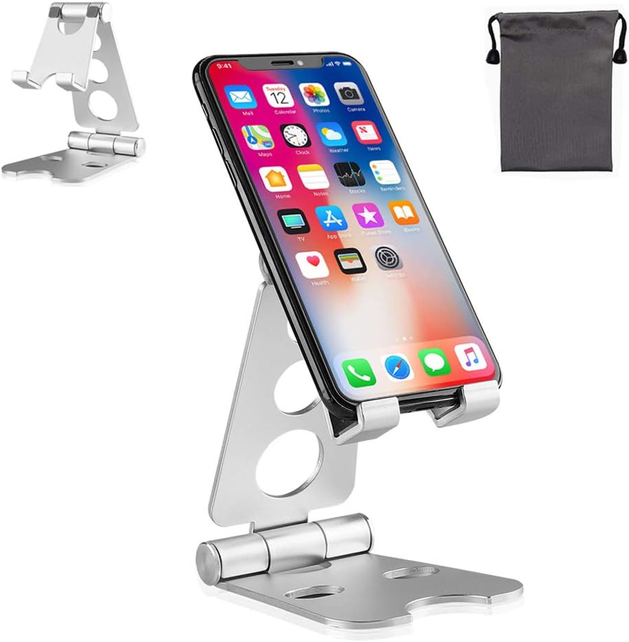 Cell Phone Stand, Aluminum Desktop Adjustable Cellphone Stand with Anti-Slip Base and Convenient Charging Port, Fits All Smart Phones (Silver)