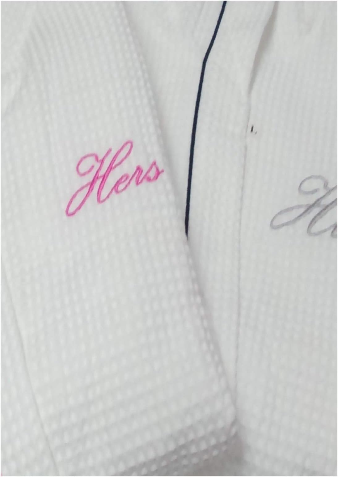 HIS AND HERS PERSONALISED 100% COTTON WAFFLE SHAWL COLLAR BATHROBE SET WHITE WITH BLACK/PINK PIPING