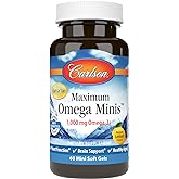 Carlson - Maximum Omega Minis, 1000 mg Omega-3s, Heart Function, Brain Support & Healthy Aging, Lemon, 60 Mini Softgels