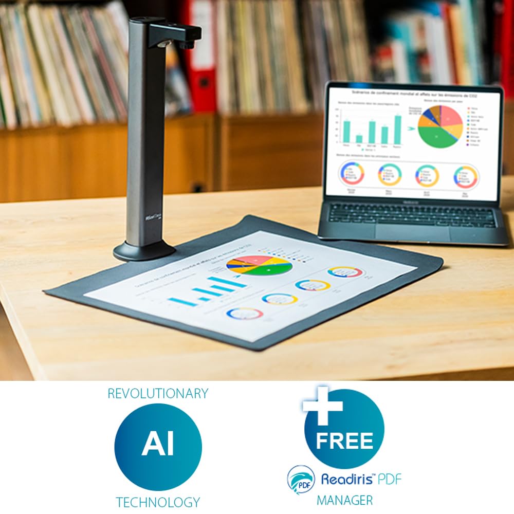 IRIScan Desk Document Scanner, Book Scanner - v7pro:4K UltraHD,18MP, 600dpi,Portable Scanner,Visualizer,OCR, AI Flattening, Auto Scan, Erase Fingers, Free Readiris PDF Editor Win Mac