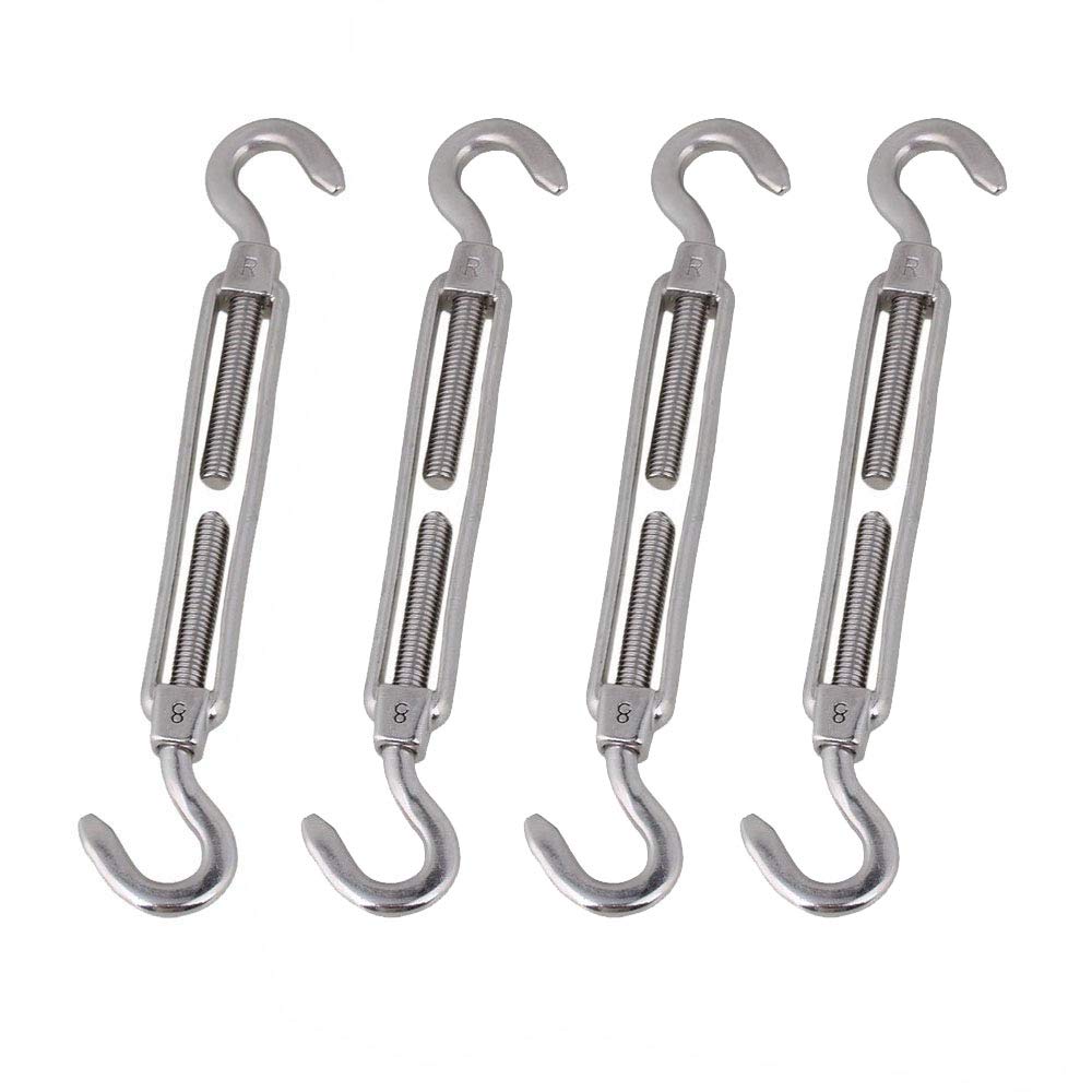 POFET 4pcs M8 Stainless Steel 304 Hook& Hook Turnbuckle Wire Rope, Strong Tension Hardware Kit for Wire Rope Tension Heavy Duty