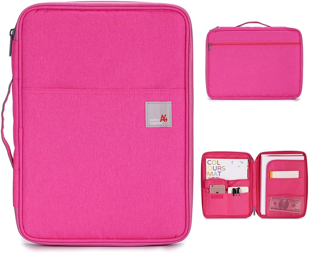 BTSKY New Universal A4 Document Bags Portfolio Organizer- Waterproof Travel Gear Organizer Zipper Case/Document File Bag for Ipads, Notebooks, Pens, Document Rose