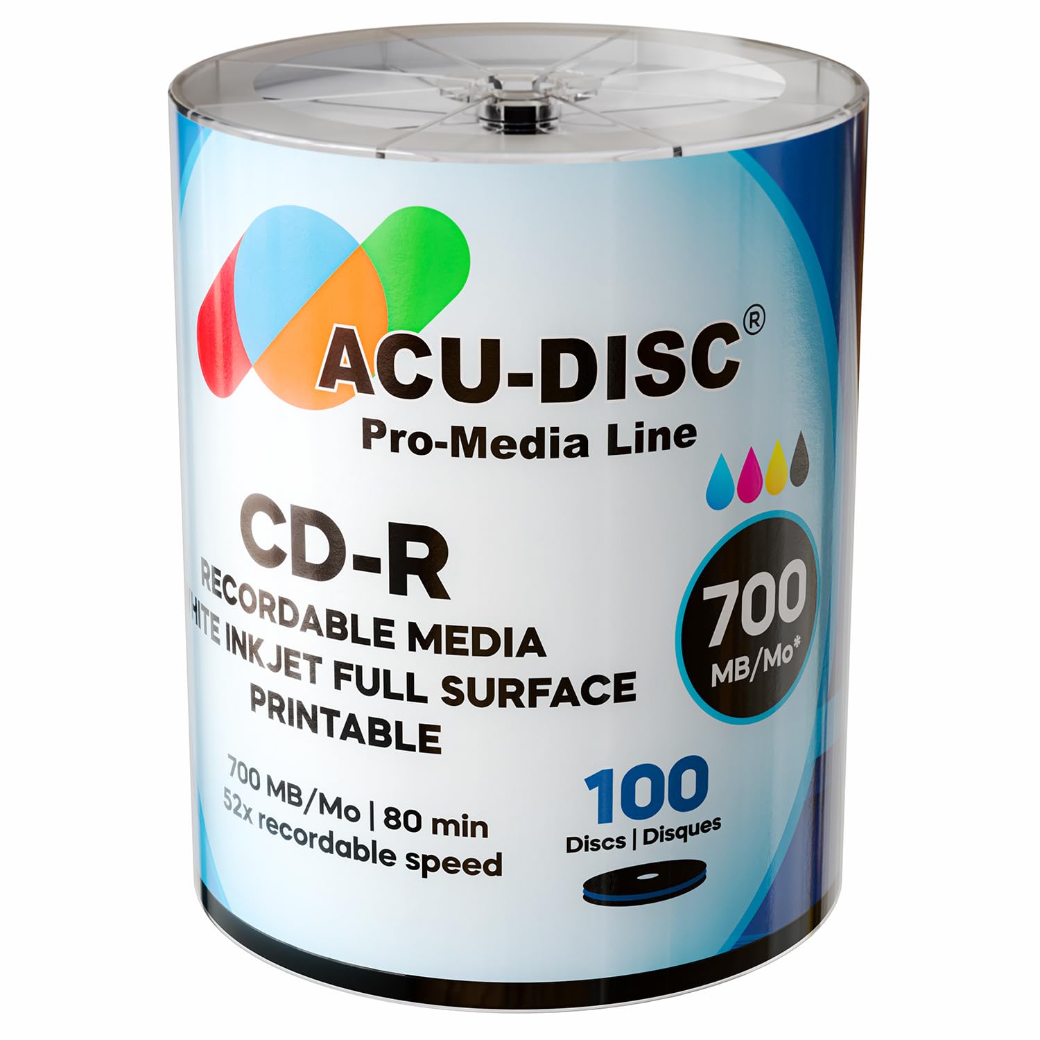 ACU-DISC CD-R Blank 52x 700MB 80 Minutes CD Full Face White Hub Inkjet Printable - 100 Pack