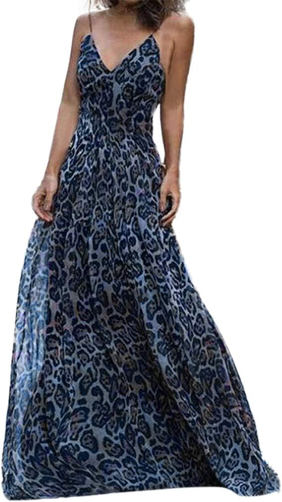 EOWEO Anniversary celebration Skirt Dress Women's Sexy Leopard Print High Waist V-Neck Long Dress