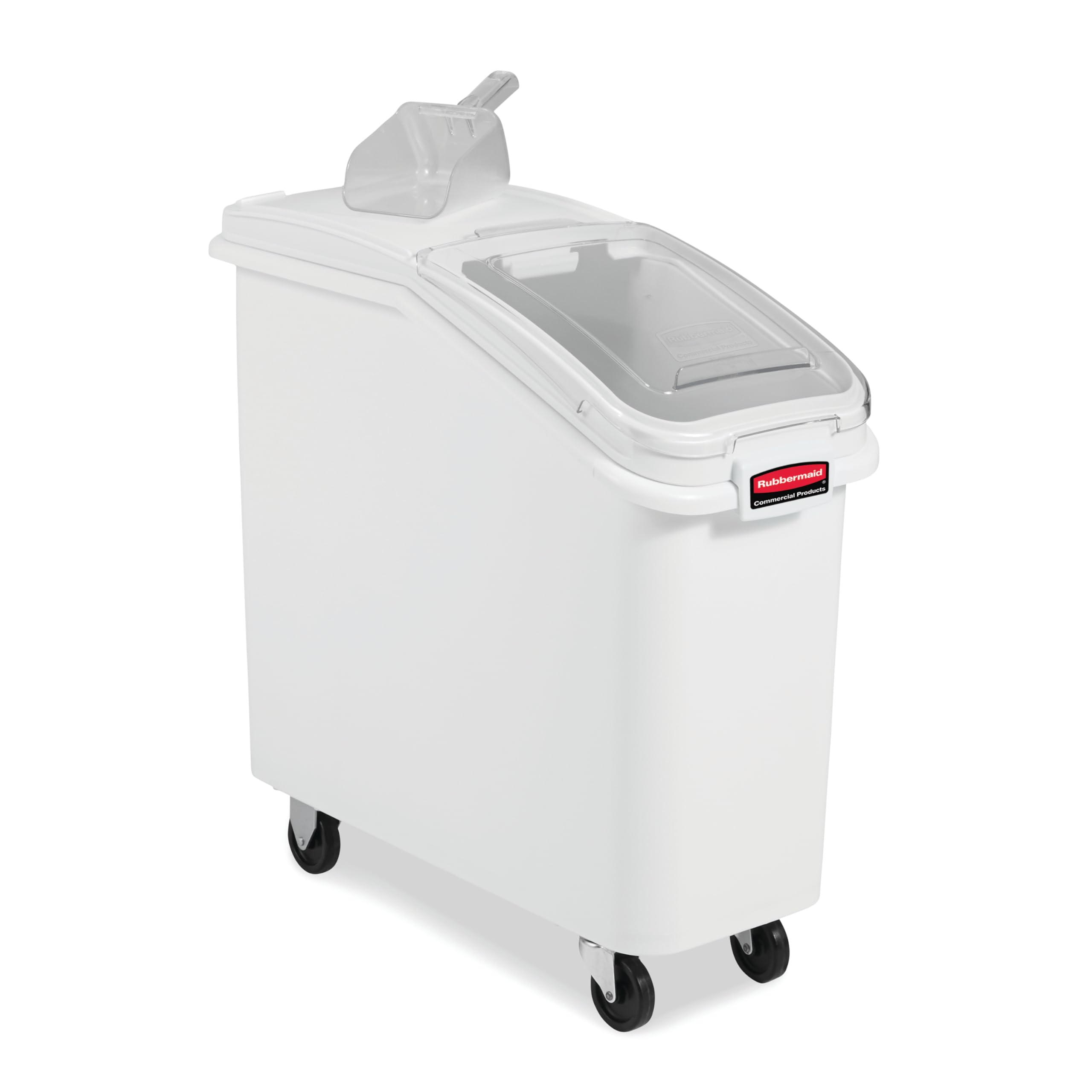 Photo 1 of ***THE CLEAR PORTION OF THE LID & SCOOPER IS MISSING*ITEM IS VERY DIRTY***Rubbermaid Commercial Products ProSave Shelf-Storage Ingredient Bin With Scoop 400-Cup Capacity Plastic White Sliding Lid Container with Wheels for Kitchen/Restaurant/Food Organizat