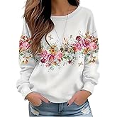 Euoehody Floral Printed Sweatshirt Womens Boho Flowers O-Neck Pullover Tops Garden Lovers Vaction Long Sleeve Shirts