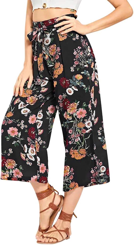 FTCayanz Damen Leinen Culottes Hose Leichte Weitem Bein Sommerhose Mit Kordelzug Armeegrün M