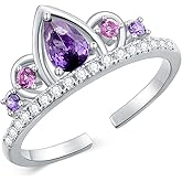 EUSJ 925 Sterling Silver Princess Crown Tiara Ring Sparkling Ring Pear Engagement Ring Pink & Purple Birthstones Anniversary Rings for Women