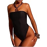 WDIRARA Women's One Piece Swimsuit Strapless Bandeau Bathing Suits Tummy Control Swimwear
