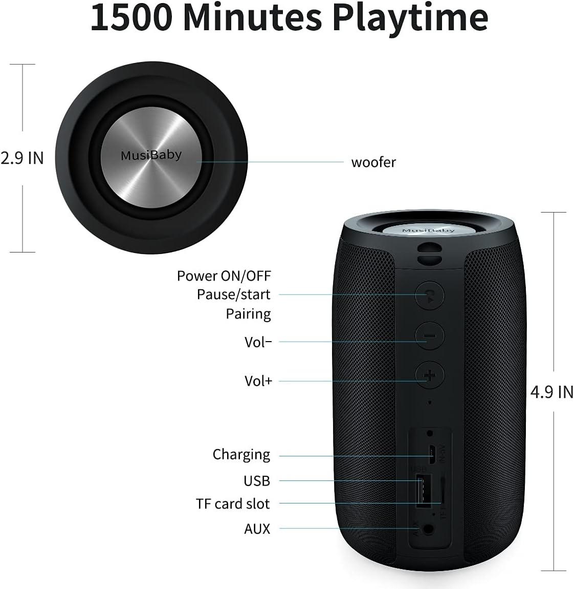 Bluetooth Speaker,MusiBaby Speaker,Outdoor, Portable,Waterproof,Wireless Speakers,Dual Pairing, Bluetooth 5.0,Loud Stereo,Booming Bass,1500 Mins Playtime for Home&Party Black: Electronics