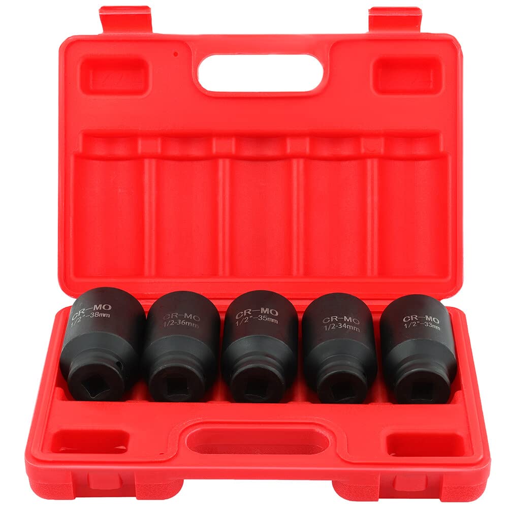 Photo 1 of ACZCR 5-Piece 1/2 Inch Drive Deep Impact Axle Hub Socket Set Fit For Most Cars, 6 Point, 33mm, 34mm, 35mm, 36mm, 38mm