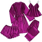 SweatyRocks Women's Silk Pajamas Set 4pcs with Robe Lace Trim Shorts Lounge Sets Pants Sleepwear