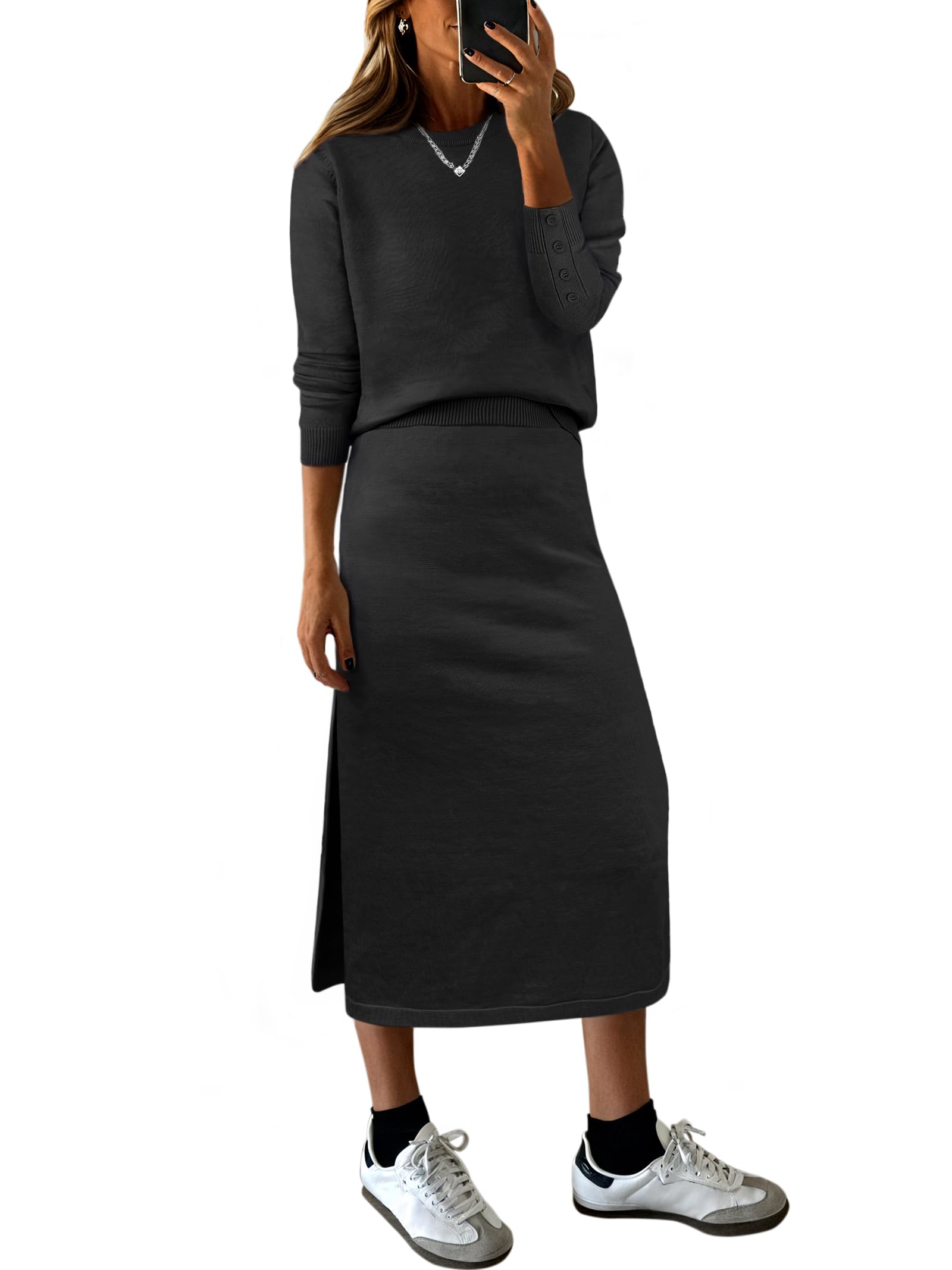 Photo 1 of ANRABESS 2 Piece Skirts Sets For Women Fall Fashion 2025 Striped Sweater Midi Dress Knit Lounge Travel Outfits Winter Clothes Black Small