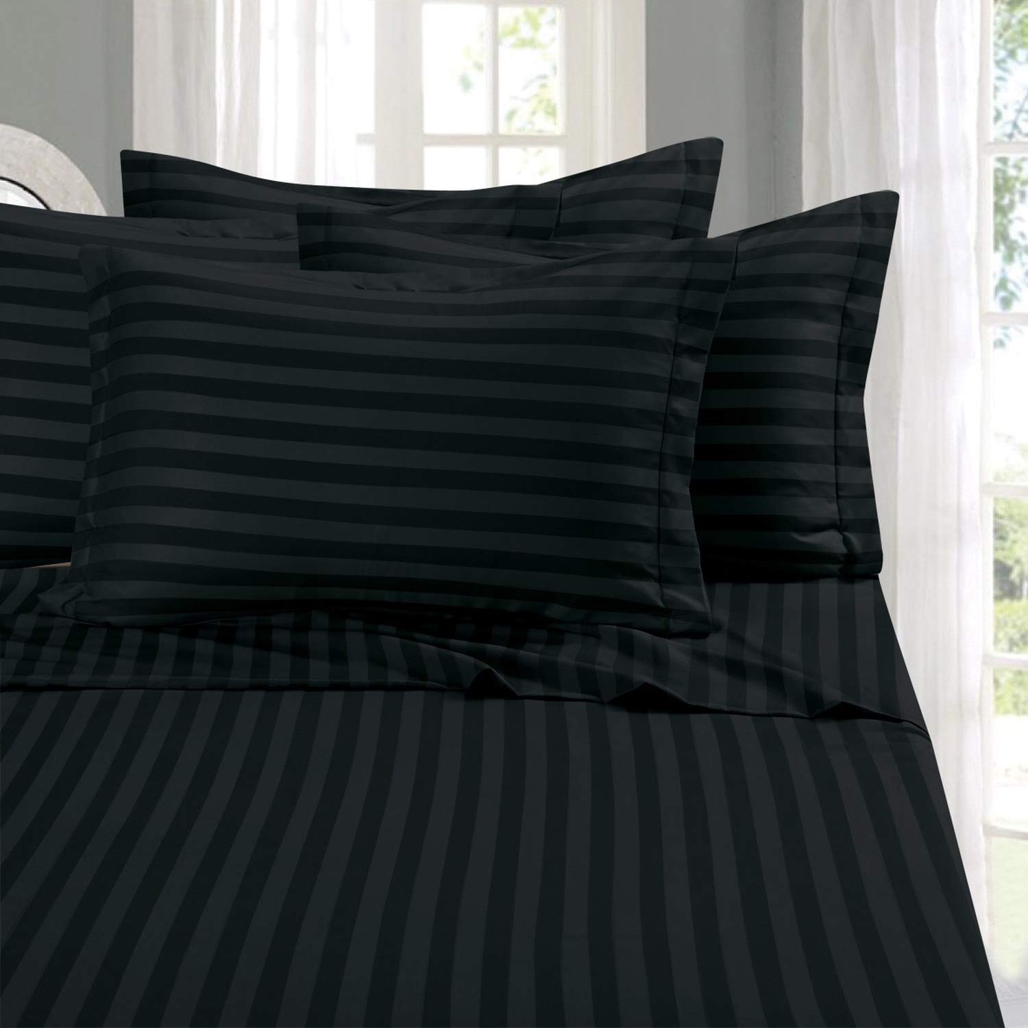 Elegant Comfort Softest and Coziest 6-Piece Sheet Set - 1500 Thread Count Egyptian Quality Microfiber - Luxurious Wrinkle Resistant 6-Piece Damask Stripe Bed Sheet Set, Full, Black
