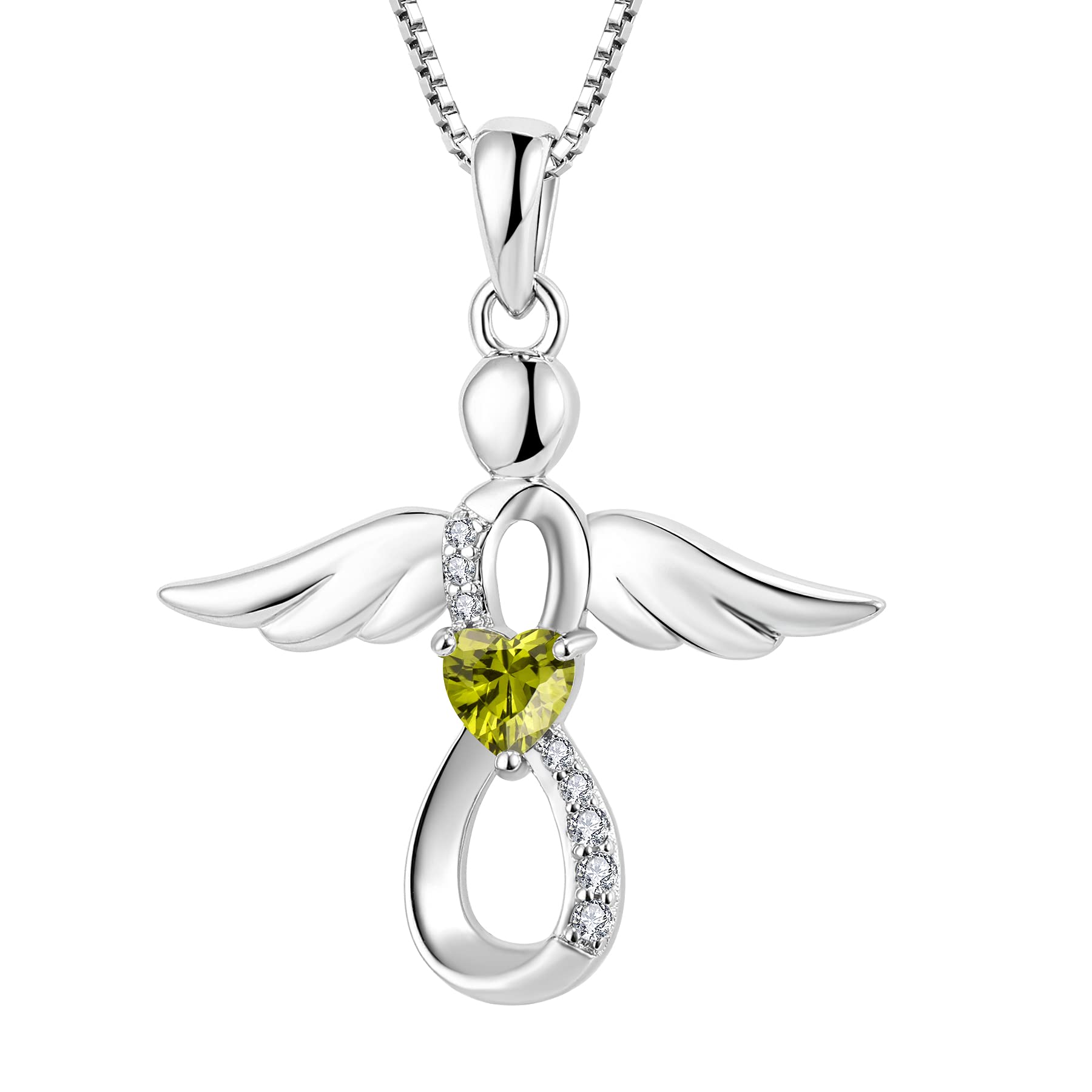 FJ Guardian Angel Necklace 925 Sterling Silver Infinity Pendant Peridot Necklace August Birthstone Jewellery for Women
