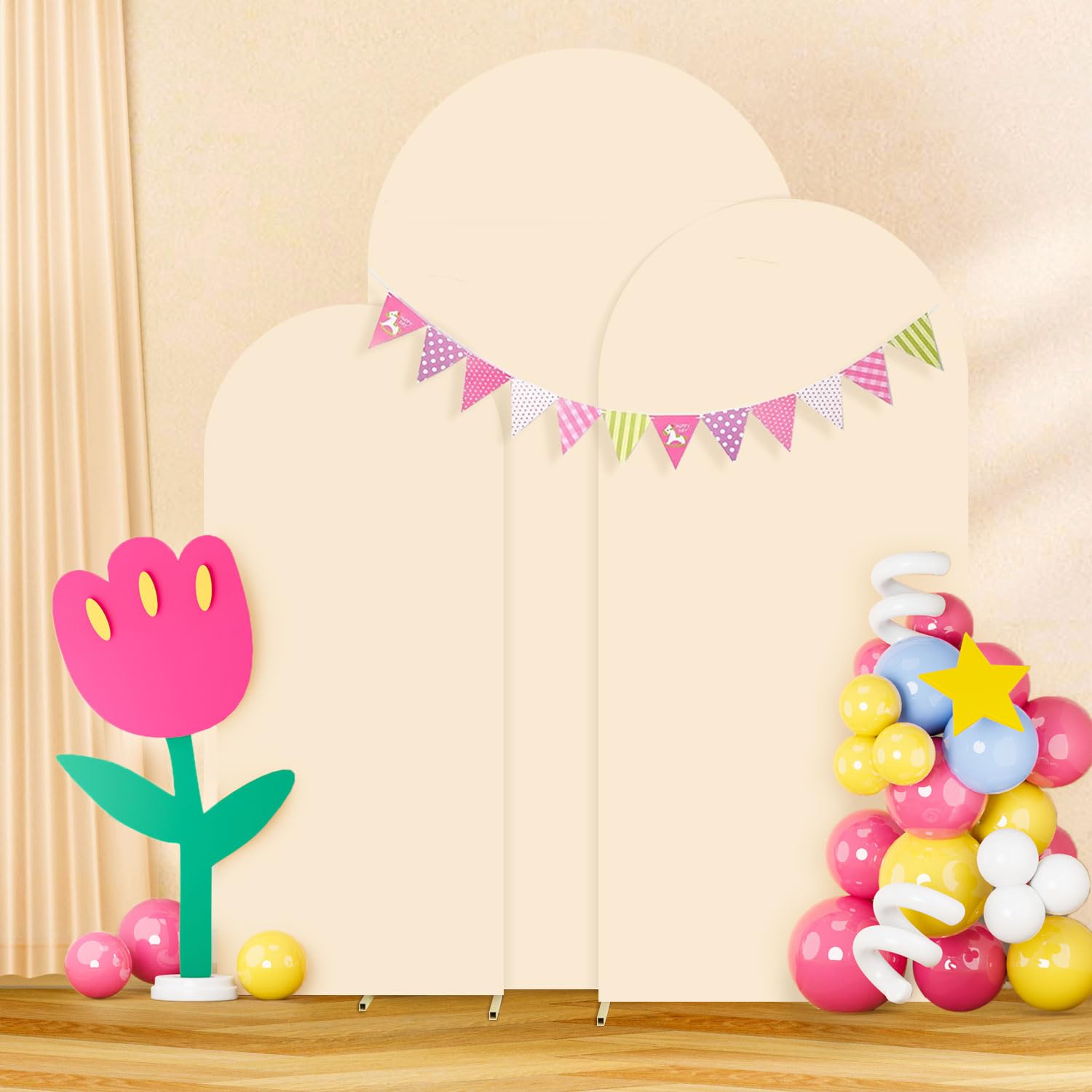 Photo 1 of OMKSIH Spandex Arch Cover Set of 3 Beige Wedding Arch Covers Spandex Fitted Arch Stand Cover Round Top Chiara Backdrop Stand Covers 6ft 6.6ft 7.2ft Arch Backdrop Stand Cover Arch Cover Set for Party