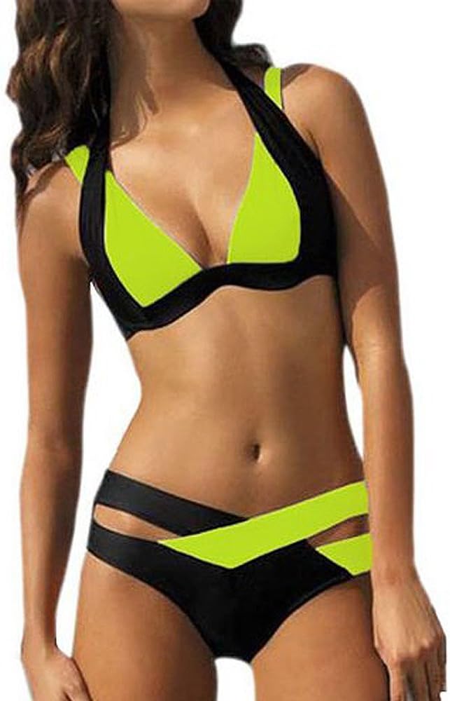 Lora Dew(TM Women Bandage Bikini Cross Double Colored Padded Push Up Halter Swimsuit