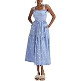 ABYOVRT Women Floral Embroidered Maxi Dress Sleeveless Tie Shoulder Smocked Flowy Dress Boho Summer Sundresses with Pockets