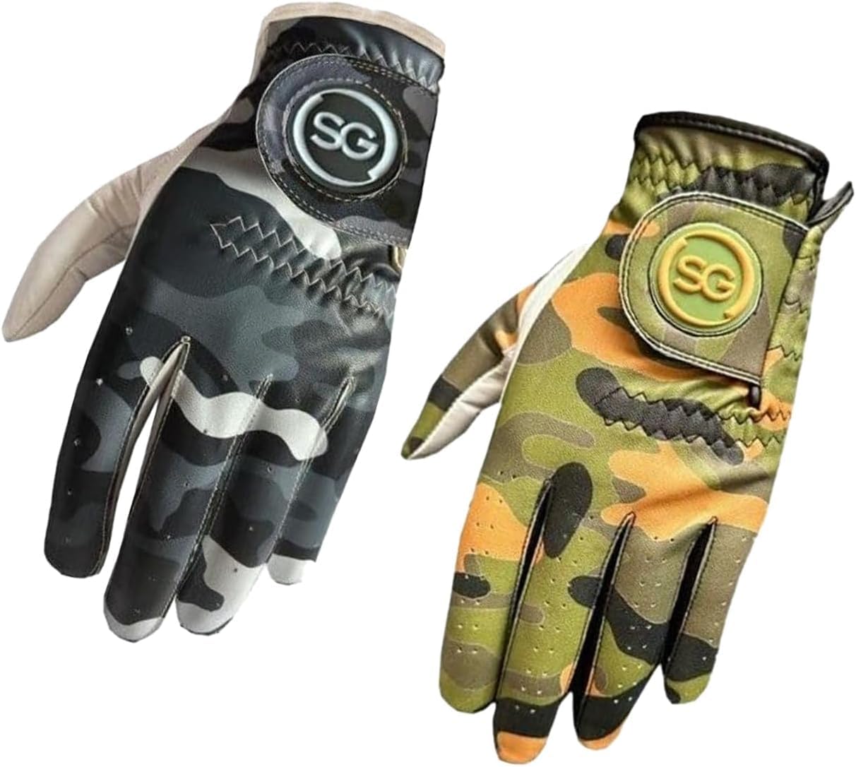 Sports Gear Ltd Men’s Twin Pack Camo Pattern golf gloves White Cabretta leather palm, for all weather conditions - for Right handed golfer, Green & Grey Color (S)