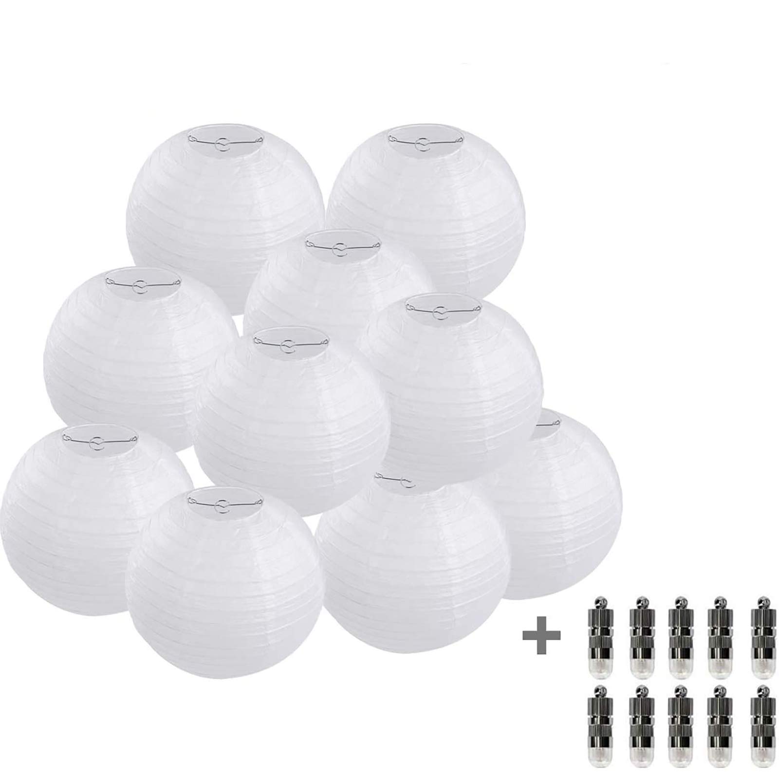 FullBerg 10 x 30 cm White Paper Lanterns with 10 Warm White Mini LED Balloons Lights, Round Lampshade Wedding Party Decoration Paper Lamps 12 Inches