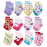 ShoppeWatch 12 Pairs Baby Toddler Socks with Grips Anti-Slip Non-Skid Bottoms For Kids Infant Babies Girls 2T and 3T Walkers BBSK15G