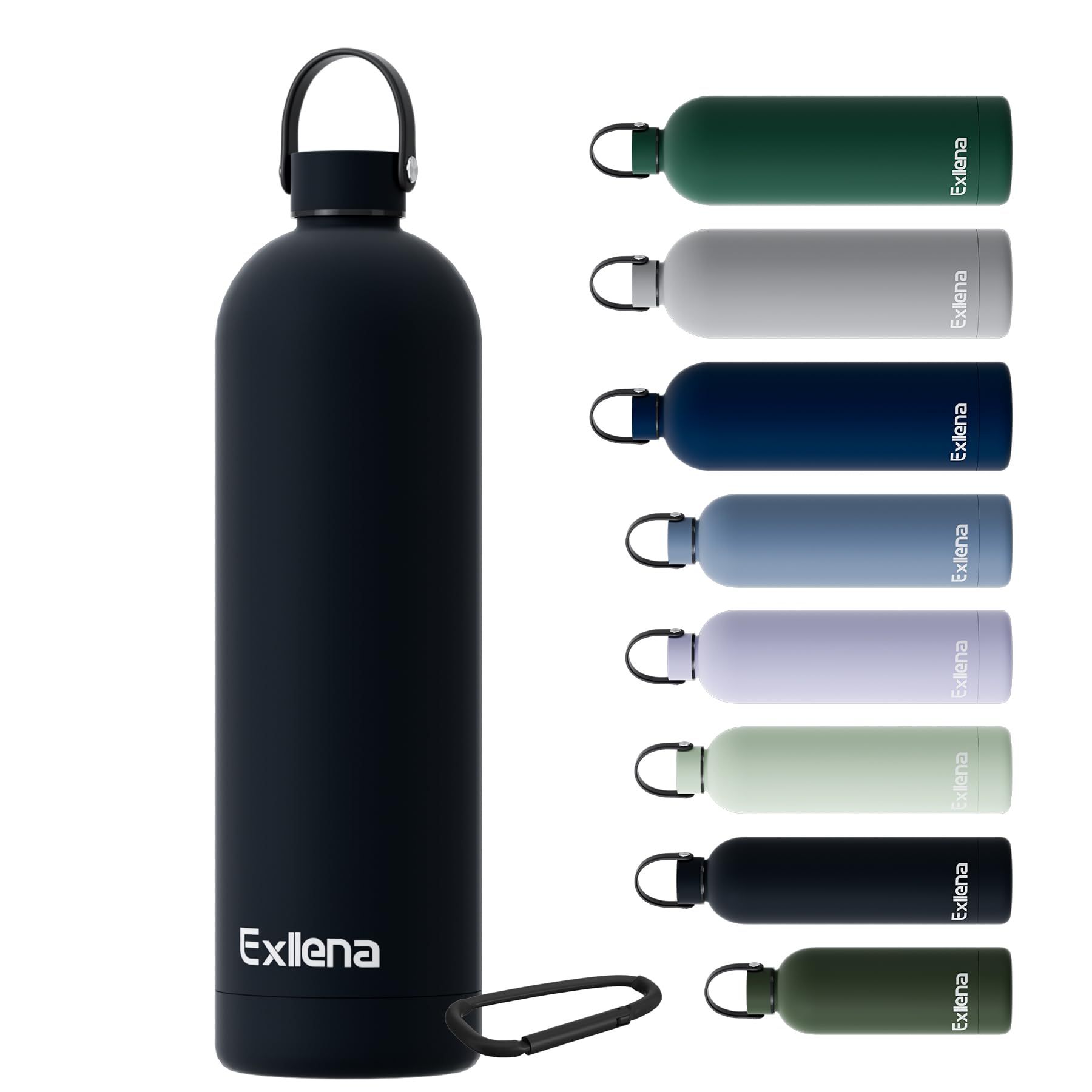 Exllena Insulated Water Bottles 1.5l with Handle Lid and Carabiner, Double Wall Vacuum Drinks Bottle Keeps Drinks Cold 24 Hrs/Hot 12 Hrs, Stainless Steel Water Bottle BPA Free(Black)