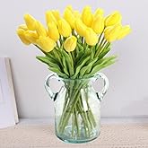 Gowwfud 18PCS Artificial Tulips PU Touch Single Stem Fake Flower Bouquet Arrangement for Home Party Wedding Decoration (Yellow-18pcs)