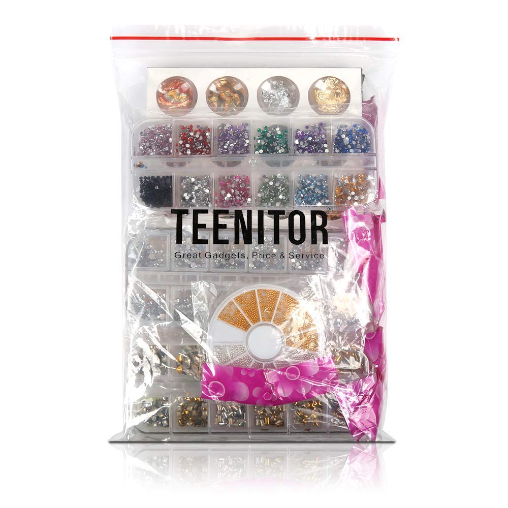 Teenitor Professional Nail Kit with 6 boxes Nail Art Rhinestones& 1 box nail foil chip, Multi-size Gems Metal Nail Rivets Studs Double-sided Color Nail Art Foil Pailette Chip Foil flake: Beauty
