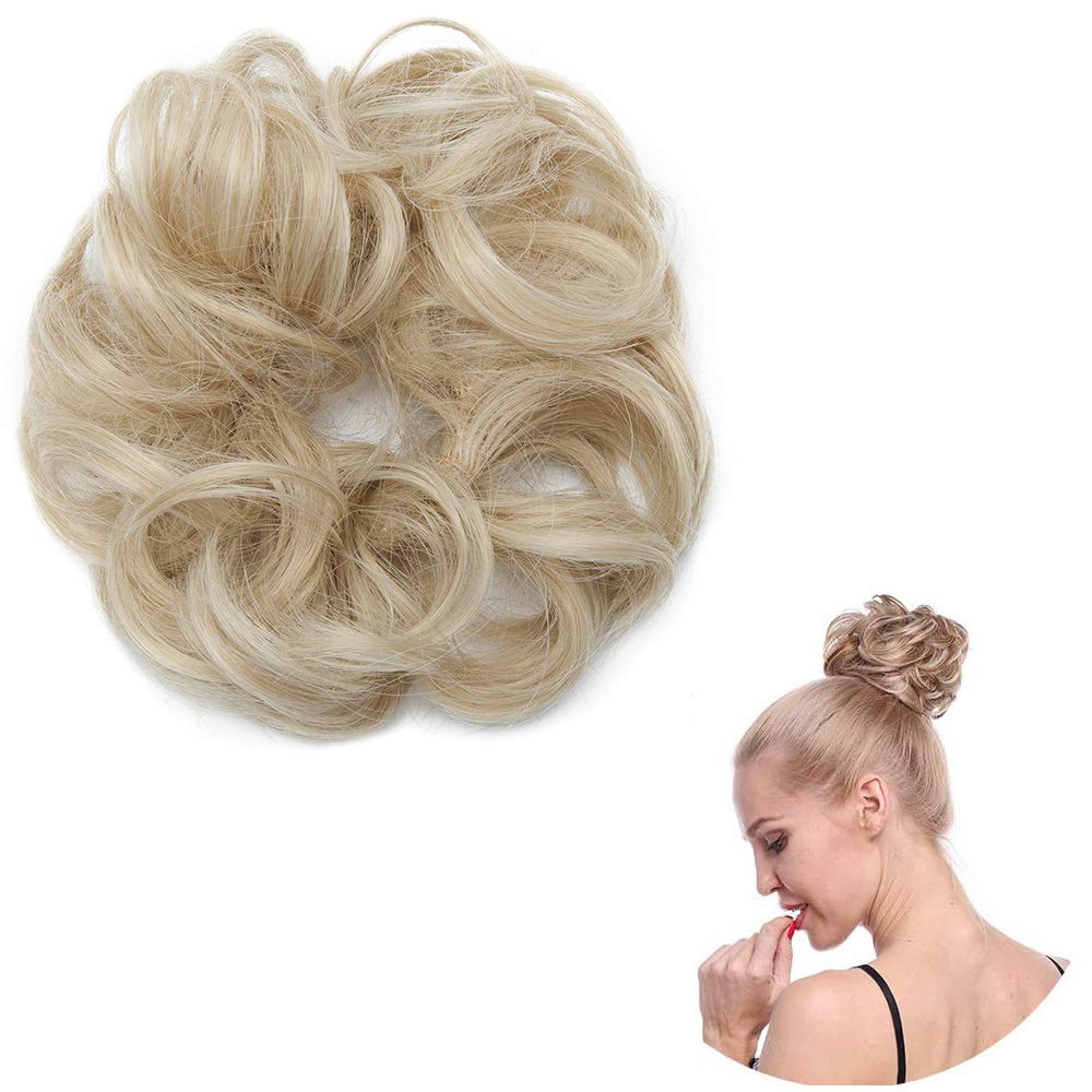 Messy Updo Scrunchy Bun Extension [Ash Blonde Mix Bleach Blonde] Curly Hair Ponytail Extension Donut Chignons With Ribbon