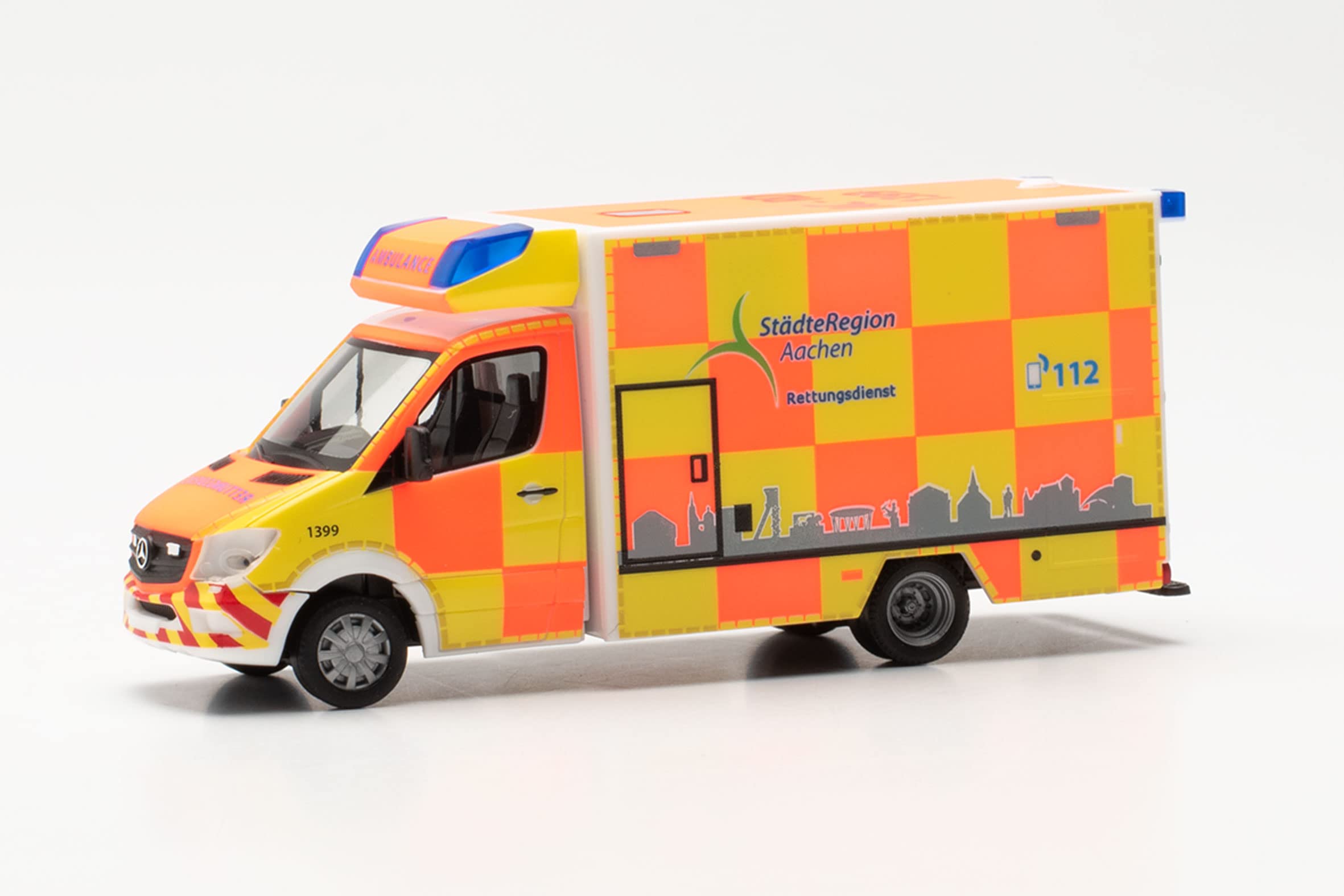 herpa car model Mercedes Benz Sprinter '13 Fahrtec RTW Aachen City Region, true to its original scale of 1:87,for diorama, model building, collector's item, decoration, Made in Germany, plastic