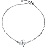 Bling Jewelry Three Four Leaf Shamrock Flower Anklet Lucky Charm Clover Ankle Bracelet For Women Teens Figaro Curb Link Oxidized .925 Sterling Silver 9 To 10 Inch With Extender Adjustable