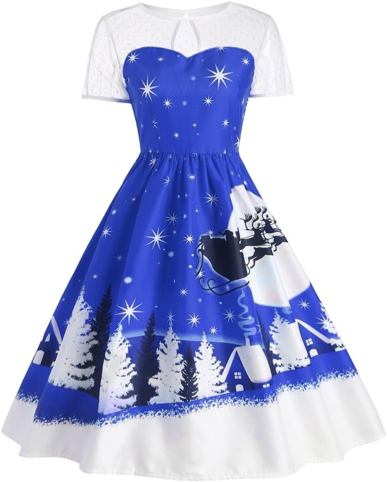DressLily Women's Santa Claus Christmas Deer Print Costume Swing Vintage Dress