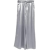 Cotilafi Women's Silk Wide Leg Pants, Loose Comfortable Straight Leg Casual Trousers, High Waist Elastic Waistband Long Pants Silver Gray XL