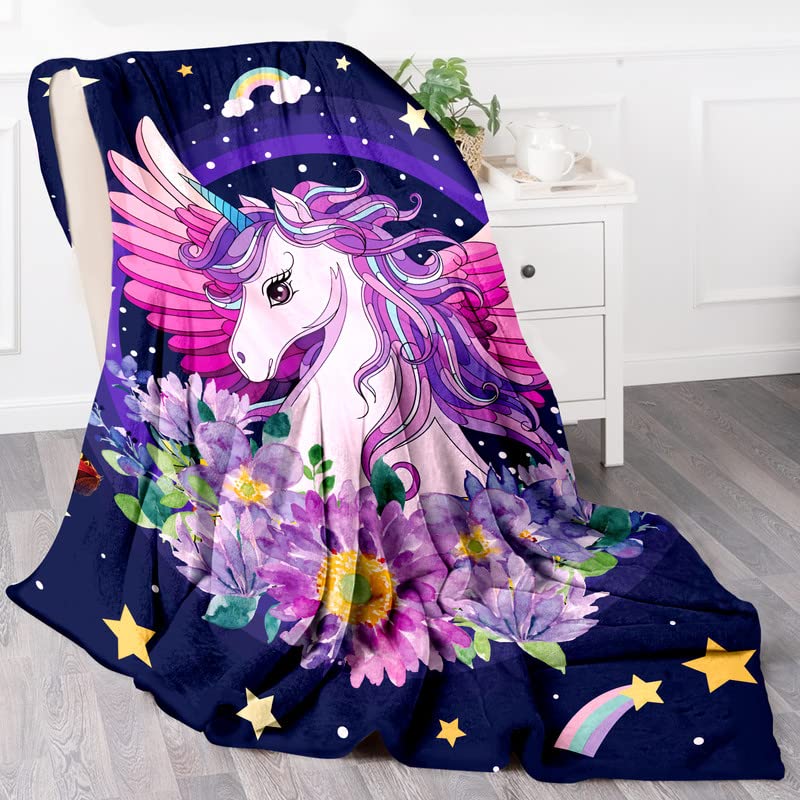 Woyamay Unicorn Blanket for Girls, Soft Fleece Blanket Unicorn Gifts for Girls Women Floral Unicorn Flannel Blanket for Kids Teens Adults Purple Unicorn Throw Blanket for Bed Sofa Travel, 50"x60"