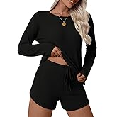 Anyhold Womens Waffle Knit Pajama Sets Lounge Sets Long Sleeve Top and Shorts Loungewear 2 Piece with Pockets