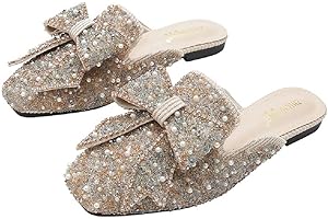 SAFECAMS Women's Rhinestone Bow Flat Mules Comfortable Square Toe Slip on Penny Loafers Ladies Baotou Clogs Half Slides Mules